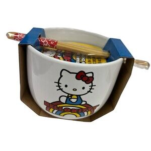 Sanrio Hello Kitty Ramen Noodle Bowl w/ Chopsticks 18 oz White Kawaii